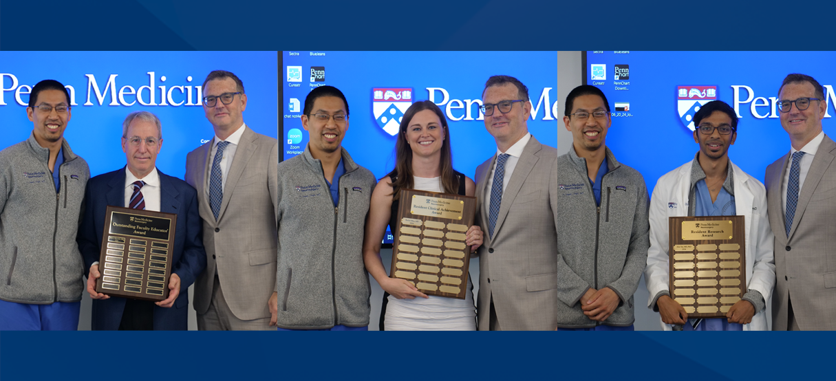 Paul Marcotte, MD, Rachel Blue, MD, and Alex Vaz, MD, PhD receiving awards from Drs. Chen and Yoshor.