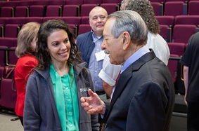 Ralph Brinster, VMD, PhD, talks with Jamie Shuda, EdD, at the Ralph L. Brinster Symposium.