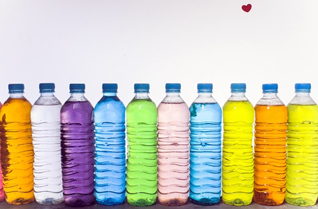 Multi-colored, plastic bottles
