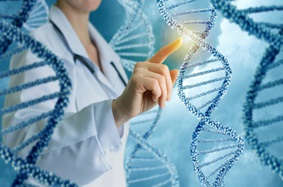 Doctor pointing to a strip of DNA