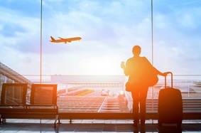silhouette of a person at the airport, coffee and suitcase in hand, watching a plane flying